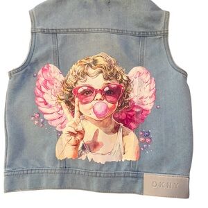 Custom Design Girls Denim Jacket Vest DKNY Upcycled OOAK Handmade Angel Bubbles